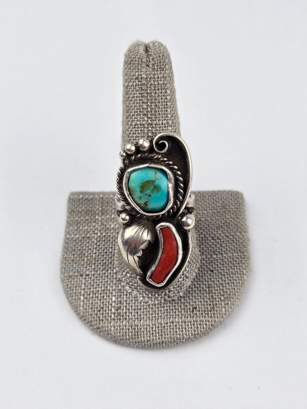 Navajo Sterling Silver Ring w/ Turquoise & Coral Stone Size 10.5 signed EJ